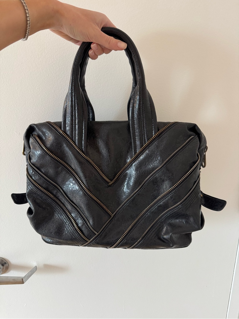 Black Zipper-Detail Leather Purse